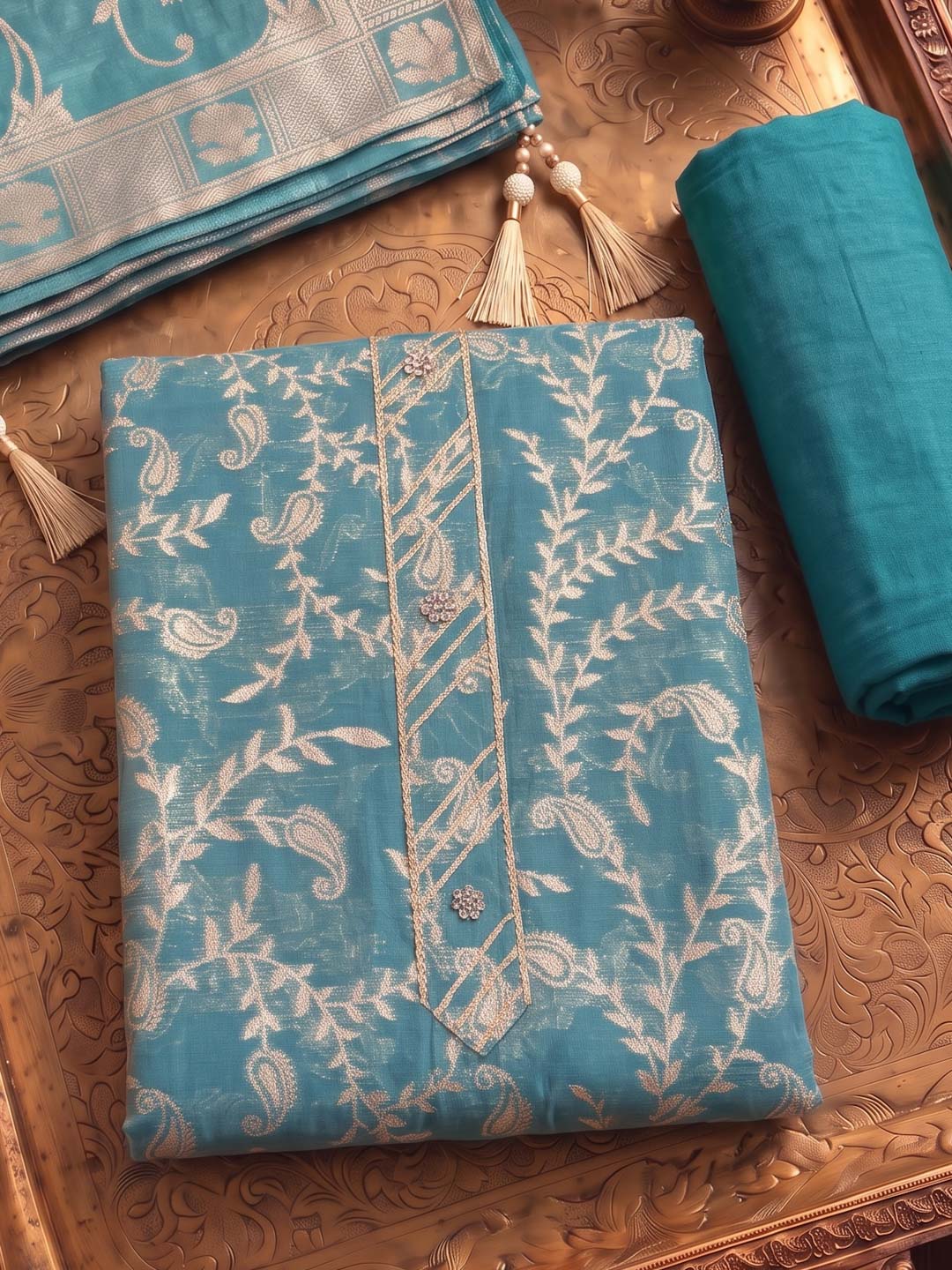 GREEN BANARSI SILK UNSTITCHED SUIT SET