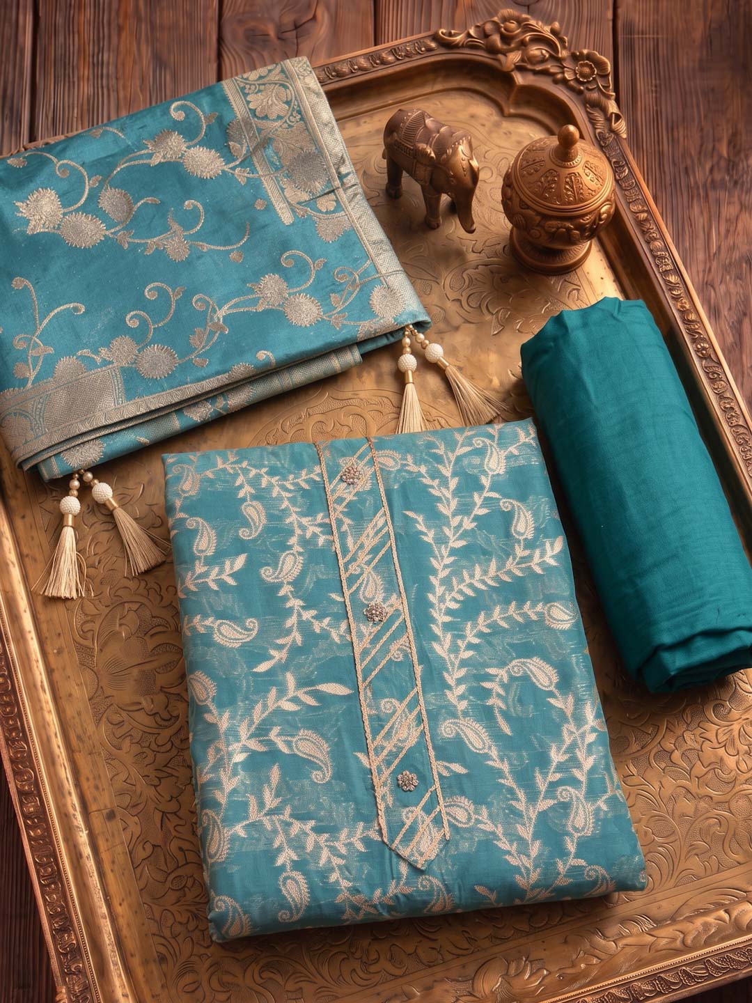 GREEN BANARSI SILK UNSTITCHED SUIT SET