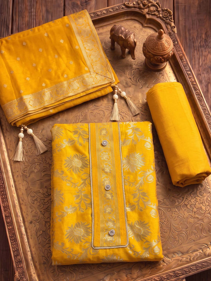 YELLOW BANARSI SILK UNSTITCHED SUIT SET