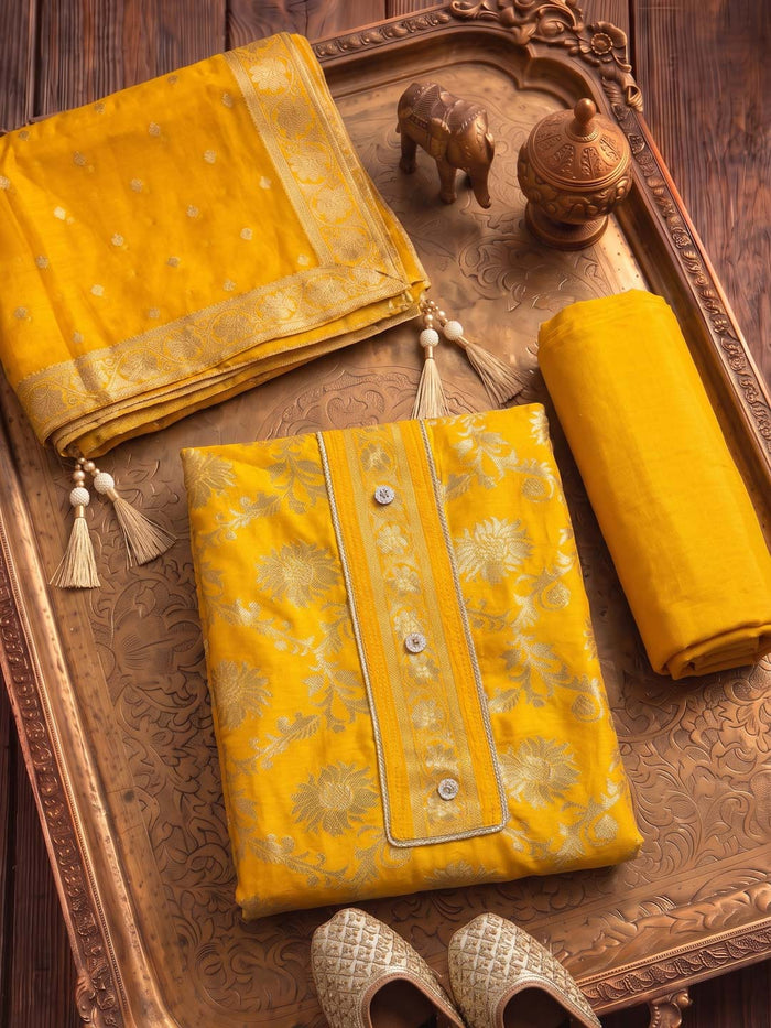 YELLOW BANARSI SILK UNSTITCHED SUIT SET