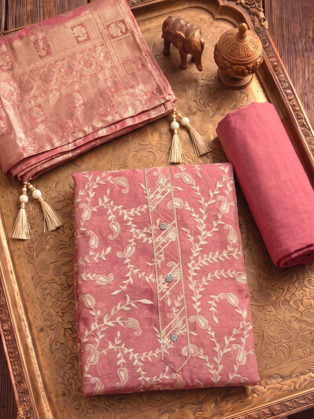 LIGHT PINK BANARSI SILK UNSTITCHED SUIT SET
