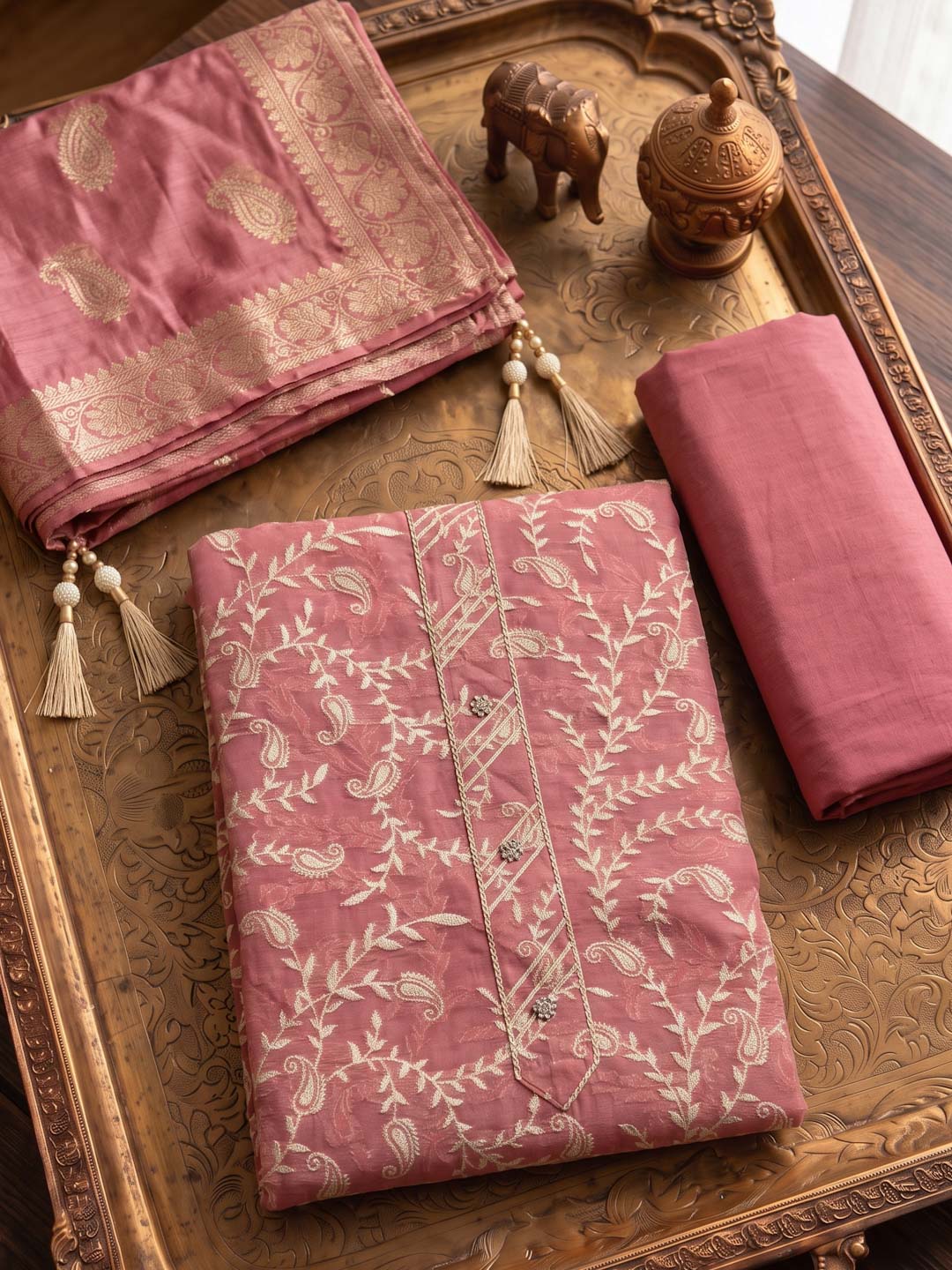 LIGHT PINK BANARSI SILK UNSTITCHED SUIT SET