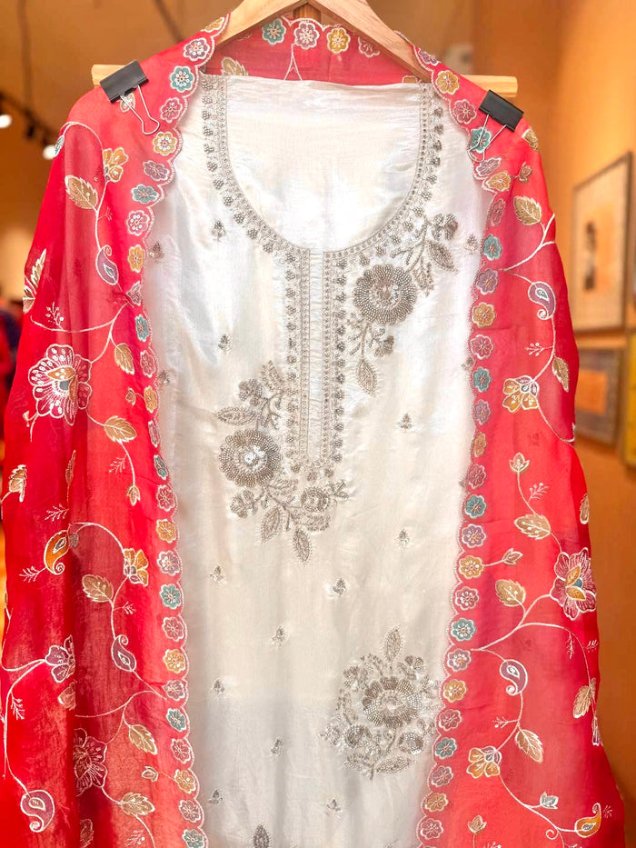 IVORY TISSUE UNSTITCHED SUIT SET WITH PINK RED DUPATTA