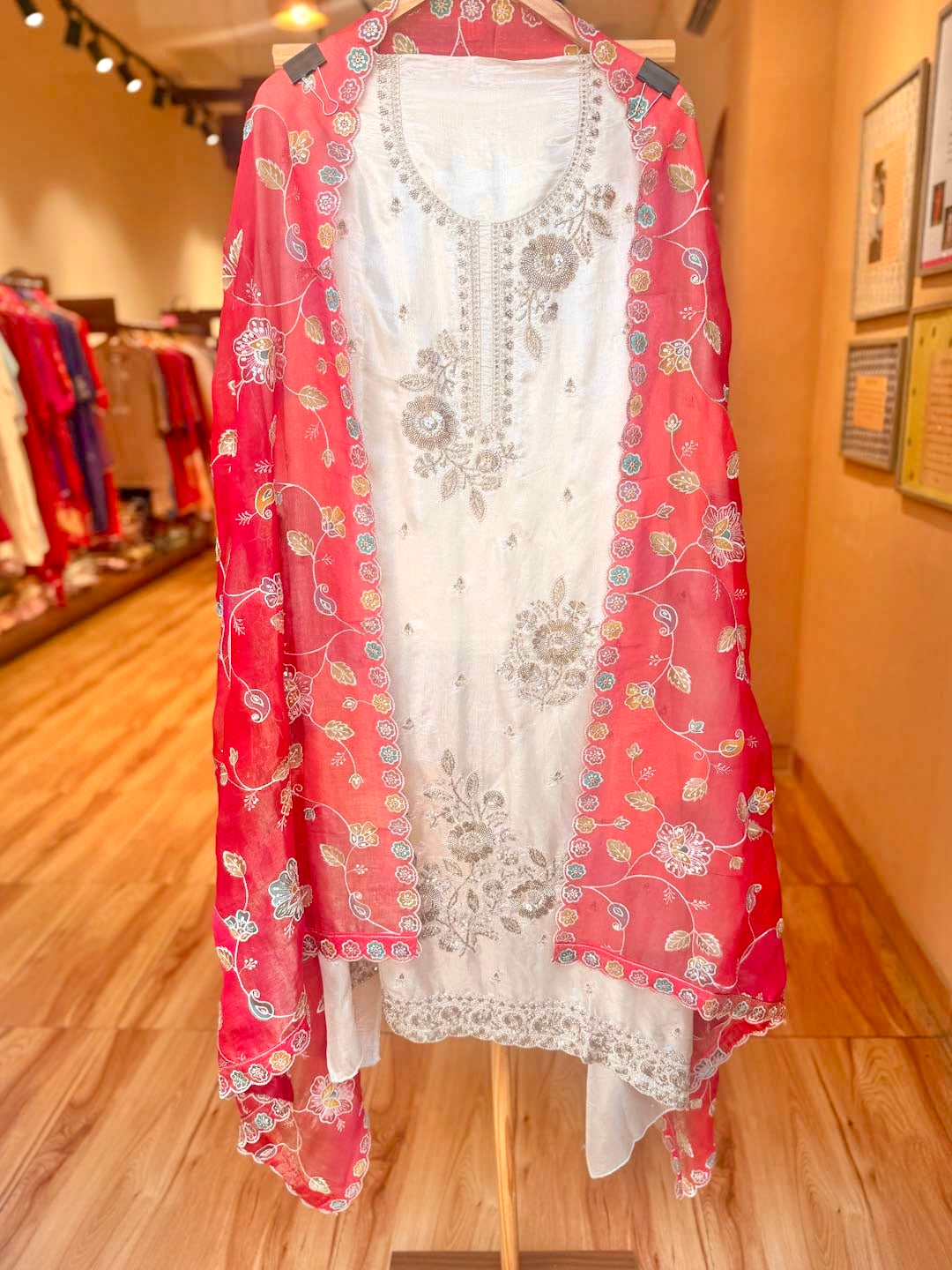 IVORY TISSUE UNSTITCHED SUIT SET WITH PINK RED DUPATTA