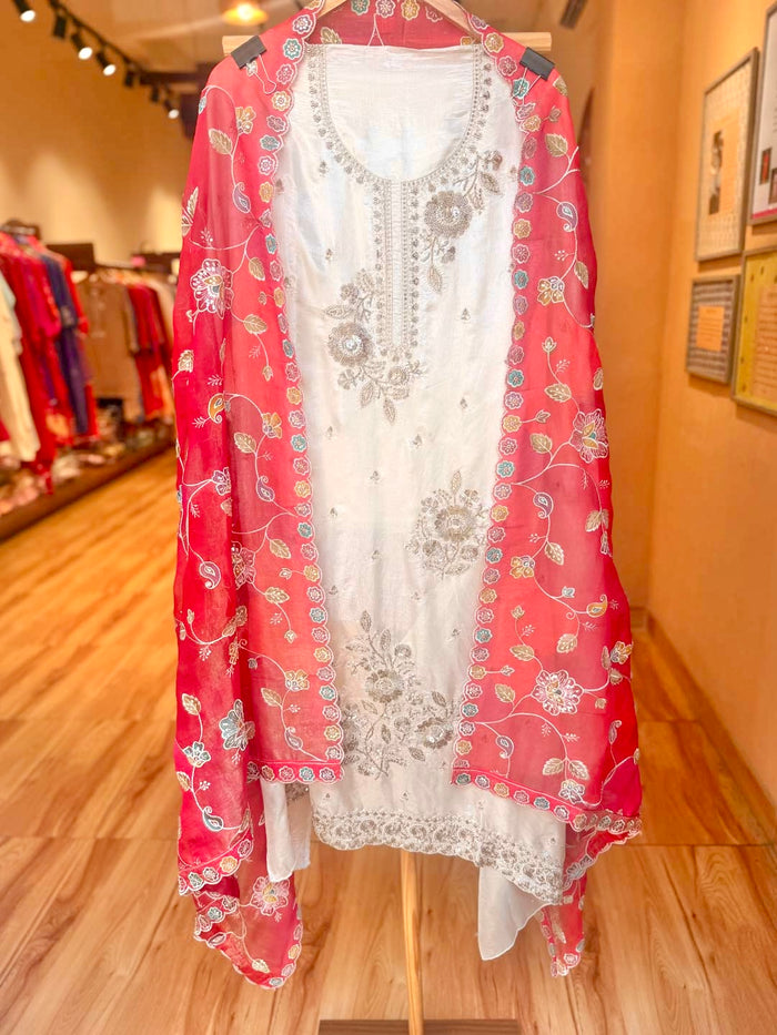 IVORY TISSUE UNSTITCHED SUIT SET WITH PINK RED DUPATTA