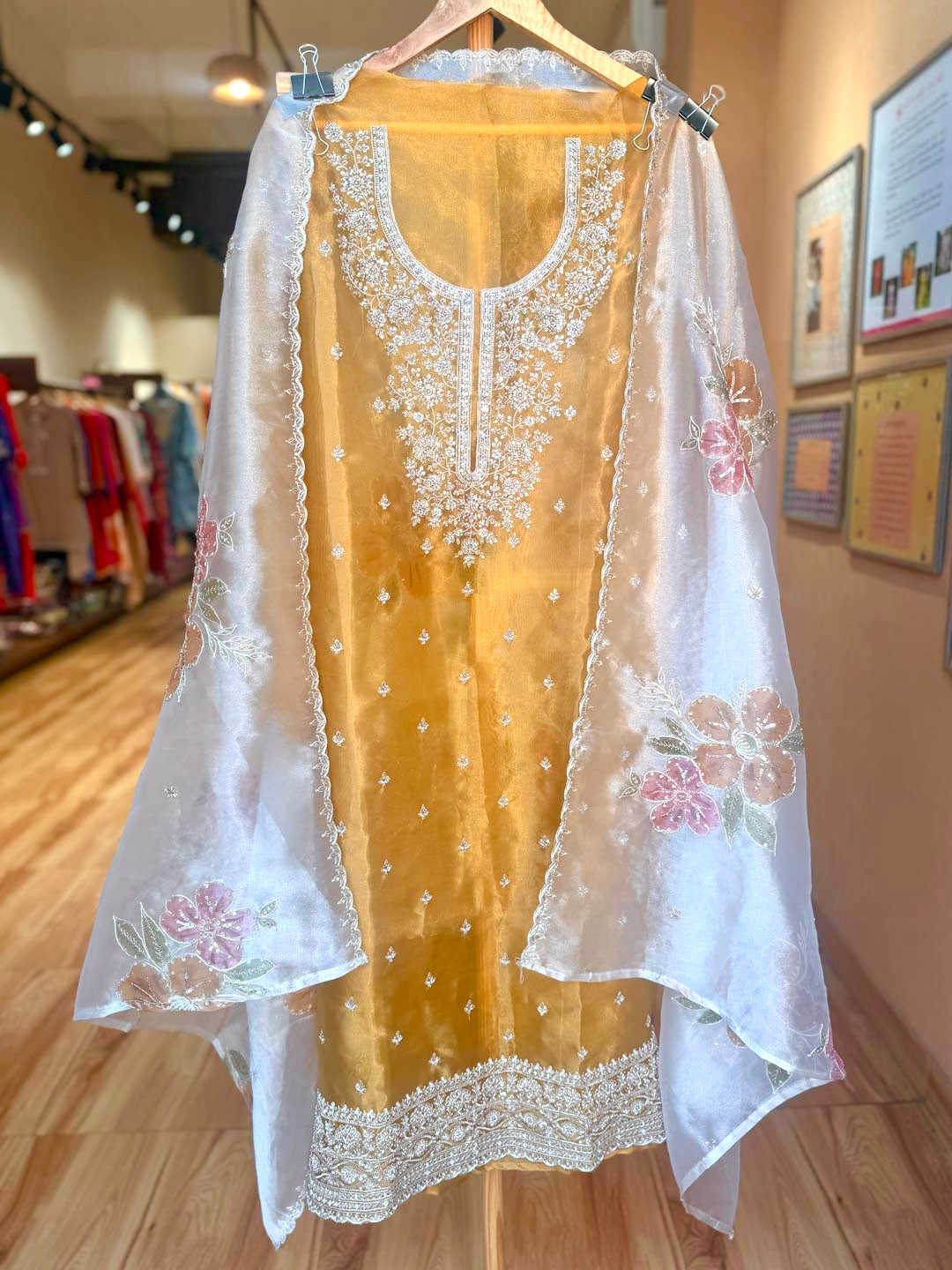 YELLOW ORGANZA UNSTITCHED SUIT SET