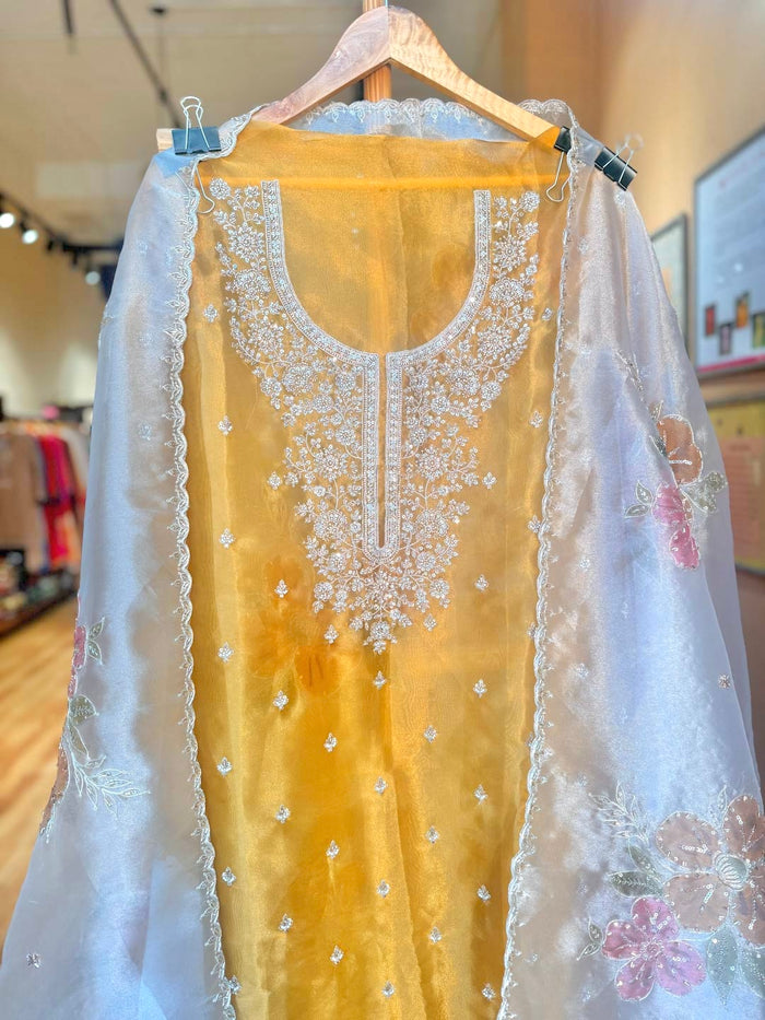 YELLOW ORGANZA UNSTITCHED SUIT SET