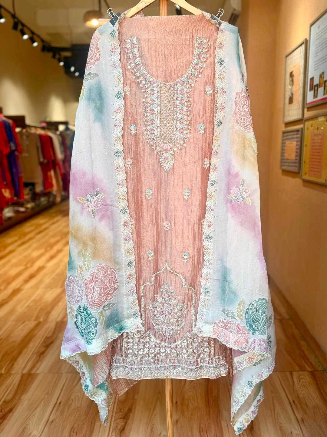 PEACH PINK TISSUE UNSTITCHED SUIT SET WITH ORGANZA DUPATTA