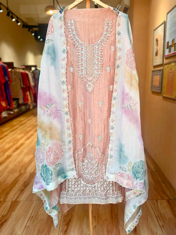 PEACH PINK TISSUE UNSTITCHED SUIT SET WITH ORGANZA DUPATTA