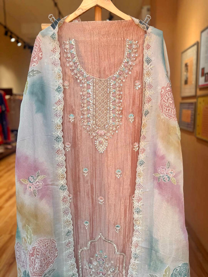 PEACH PINK TISSUE UNSTITCHED SUIT SET WITH ORGANZA DUPATTA