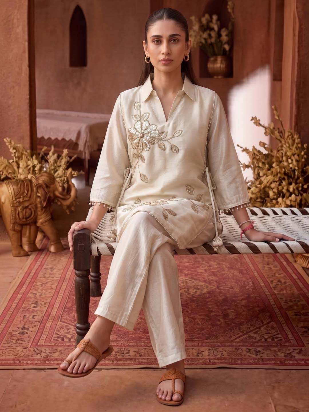 CREAM HANDWORK TISSUE CO-ORD SET