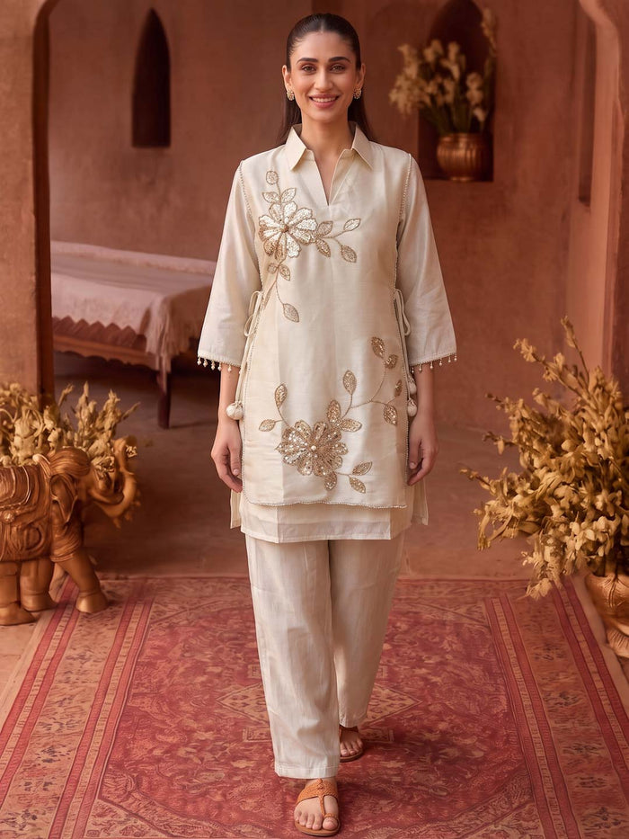 CREAM HANDWORK TISSUE CO-ORD SET