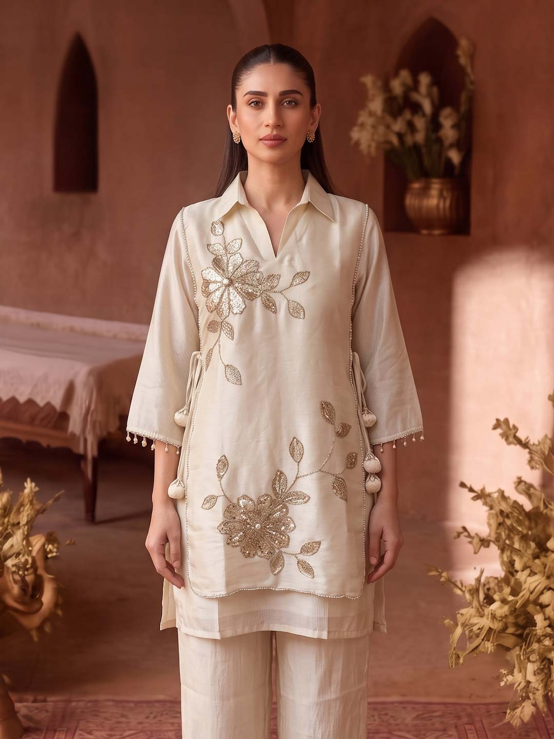 CREAM HANDWORK TISSUE CO-ORD SET