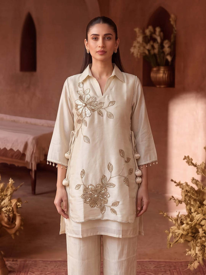 CREAM HANDWORK TISSUE CO-ORD SET