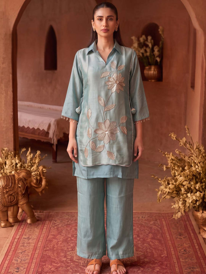 SEA GREEN HANDWORK TISSUE CO-ORD SET
