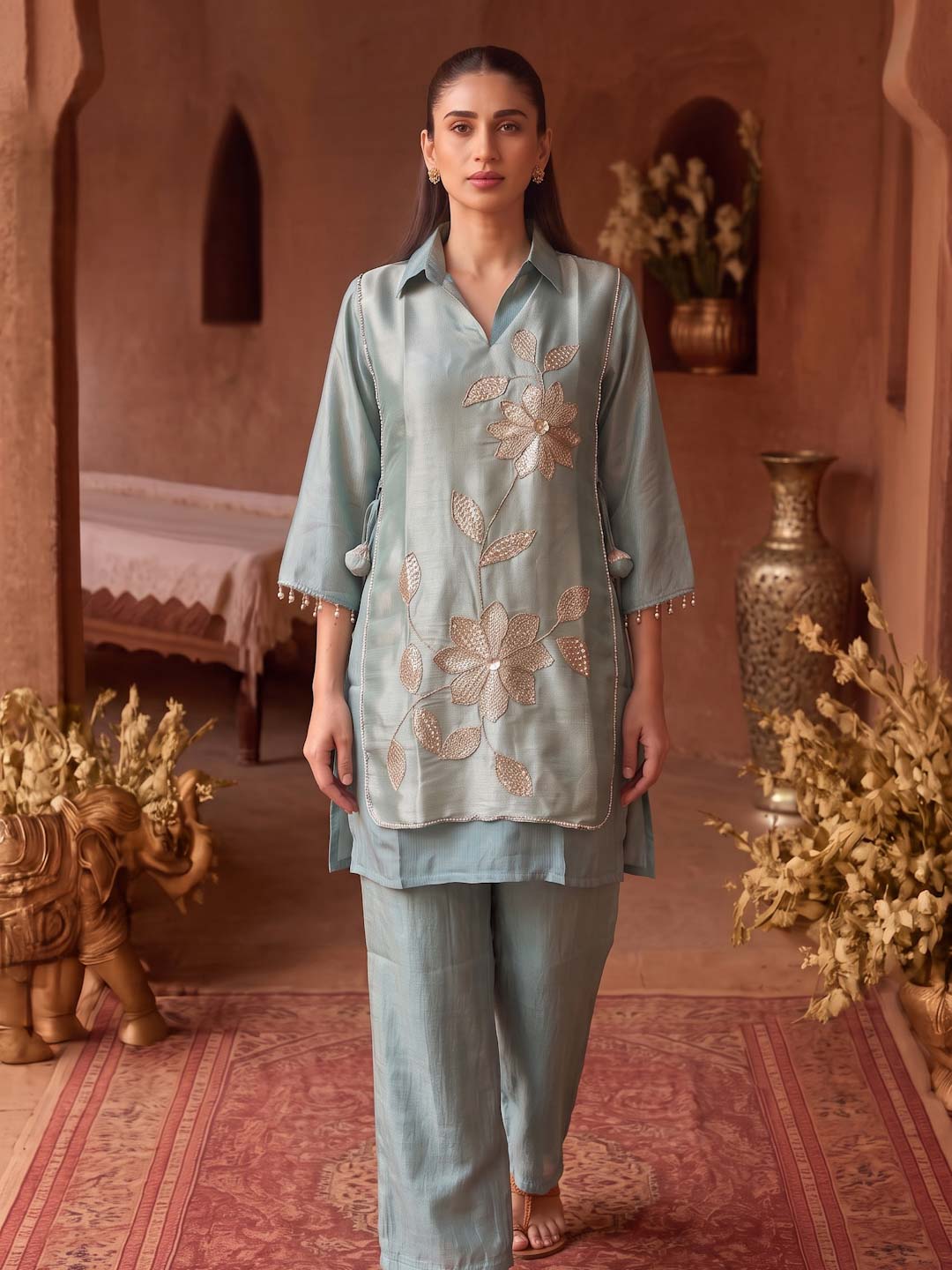 SEA GREEN HANDWORK TISSUE CO-ORD SET