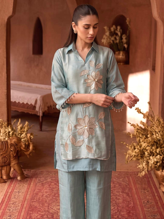 SEA GREEN HANDWORK TISSUE CO-ORD SET