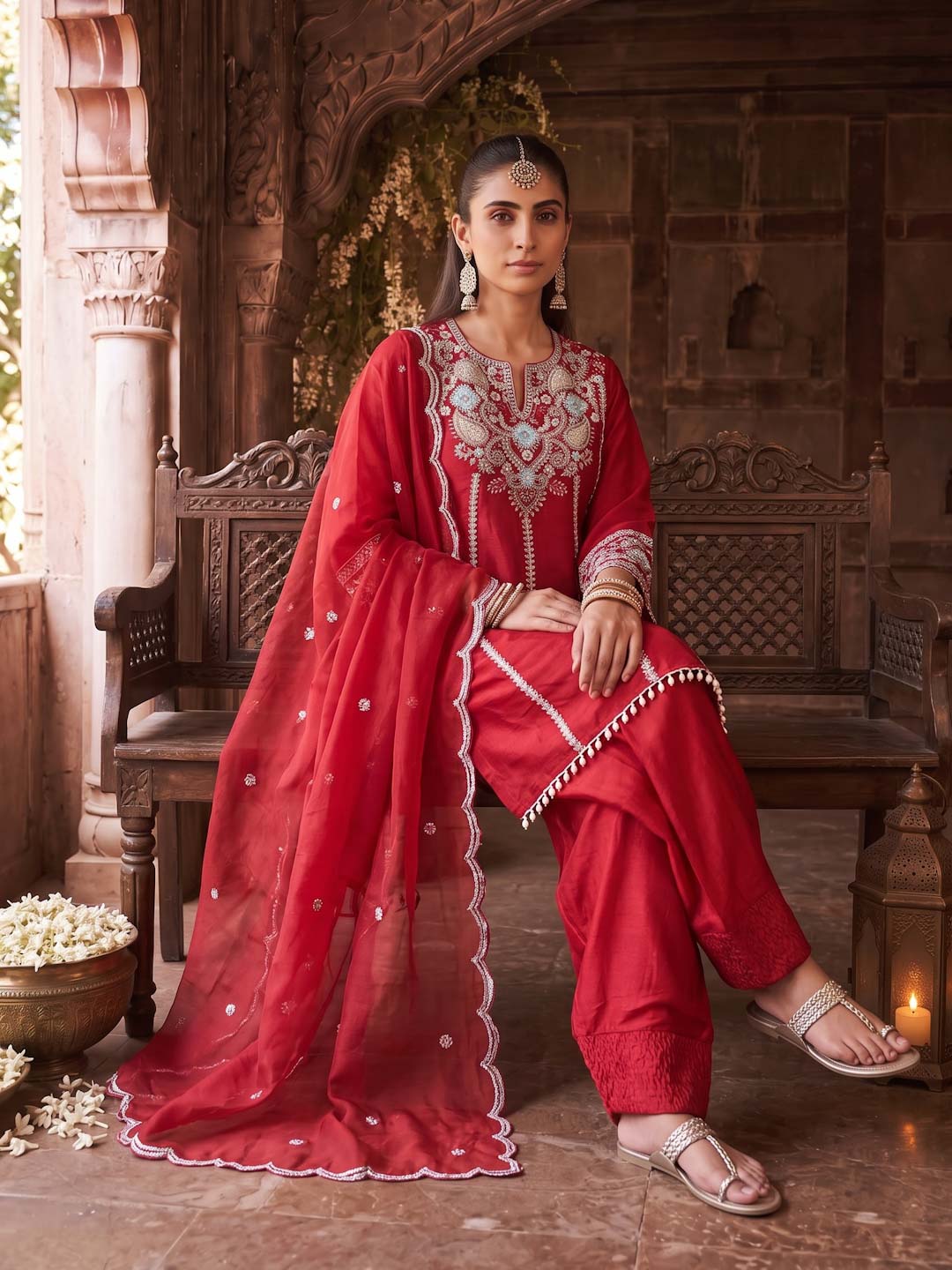 CARMINE RED HANDWORK SUIT SET WITH DUPATTA
