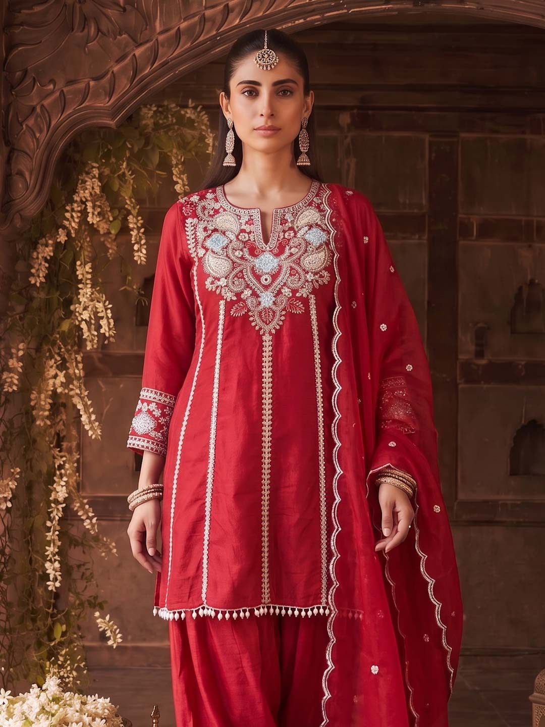 CARMINE RED HANDWORK SUIT SET WITH DUPATTA
