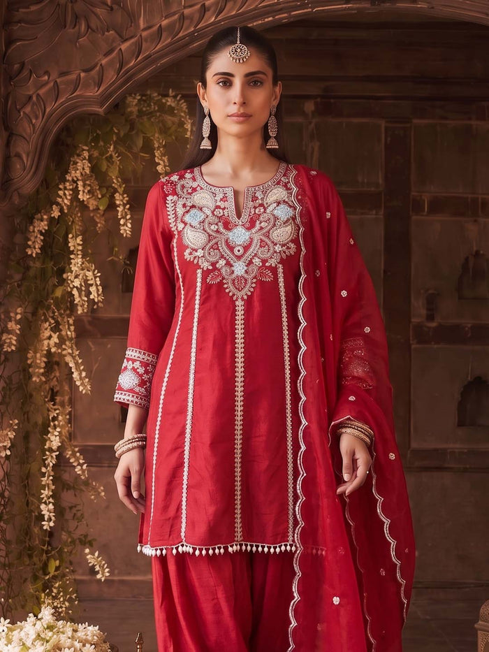 CARMINE RED HANDWORK SUIT SET WITH DUPATTA