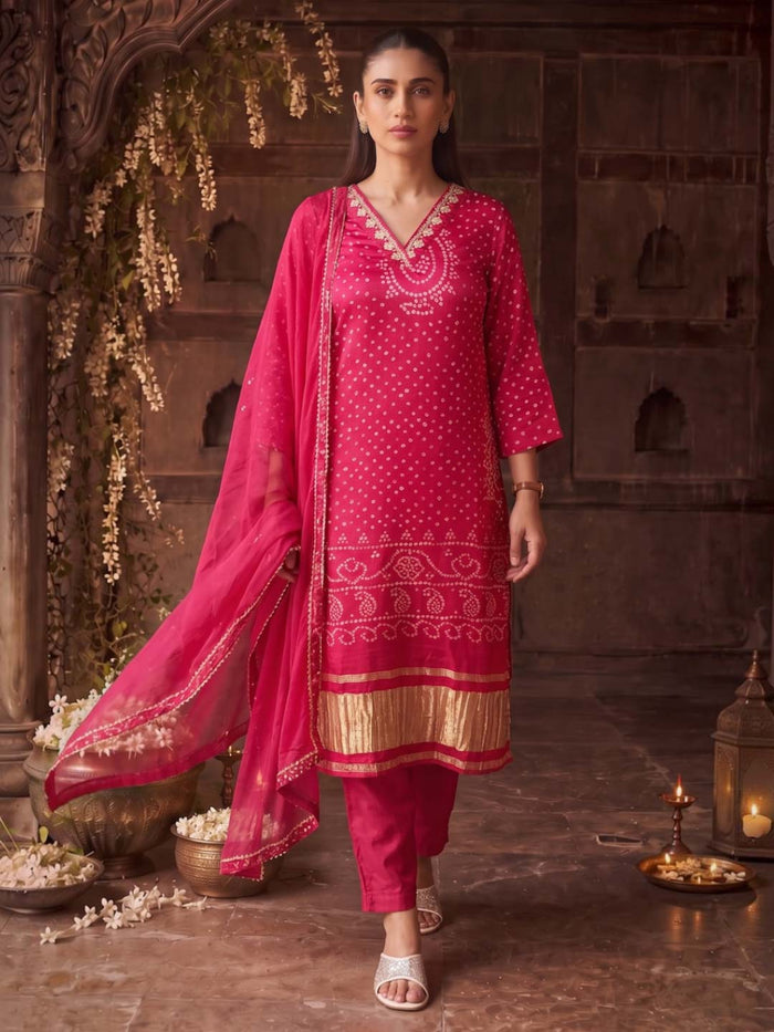 RANI BANDHEJ PRINT SUIT SET WITH ORGANZA DUPATTA
