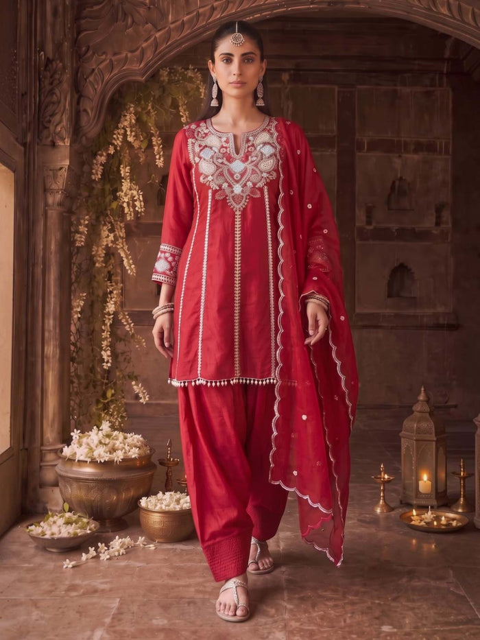 CARMINE RED HANDWORK SUIT SET WITH DUPATTA