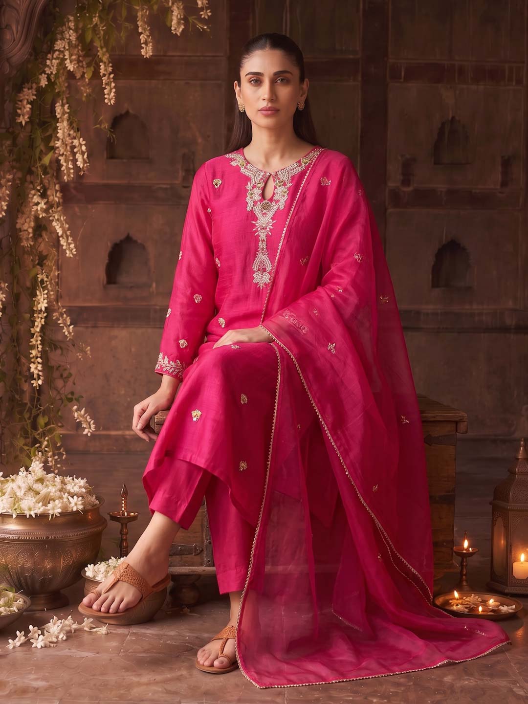 MAGENTA HANDWORK SUIT SET WITH ORGANZA DUPATTA
