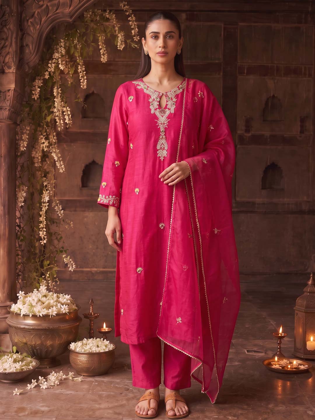MAGENTA HANDWORK SUIT SET WITH ORGANZA DUPATTA