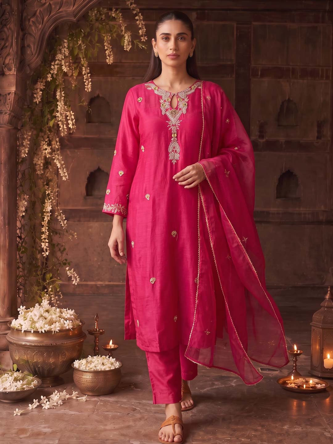 MAGENTA HANDWORK SUIT SET WITH ORGANZA DUPATTA