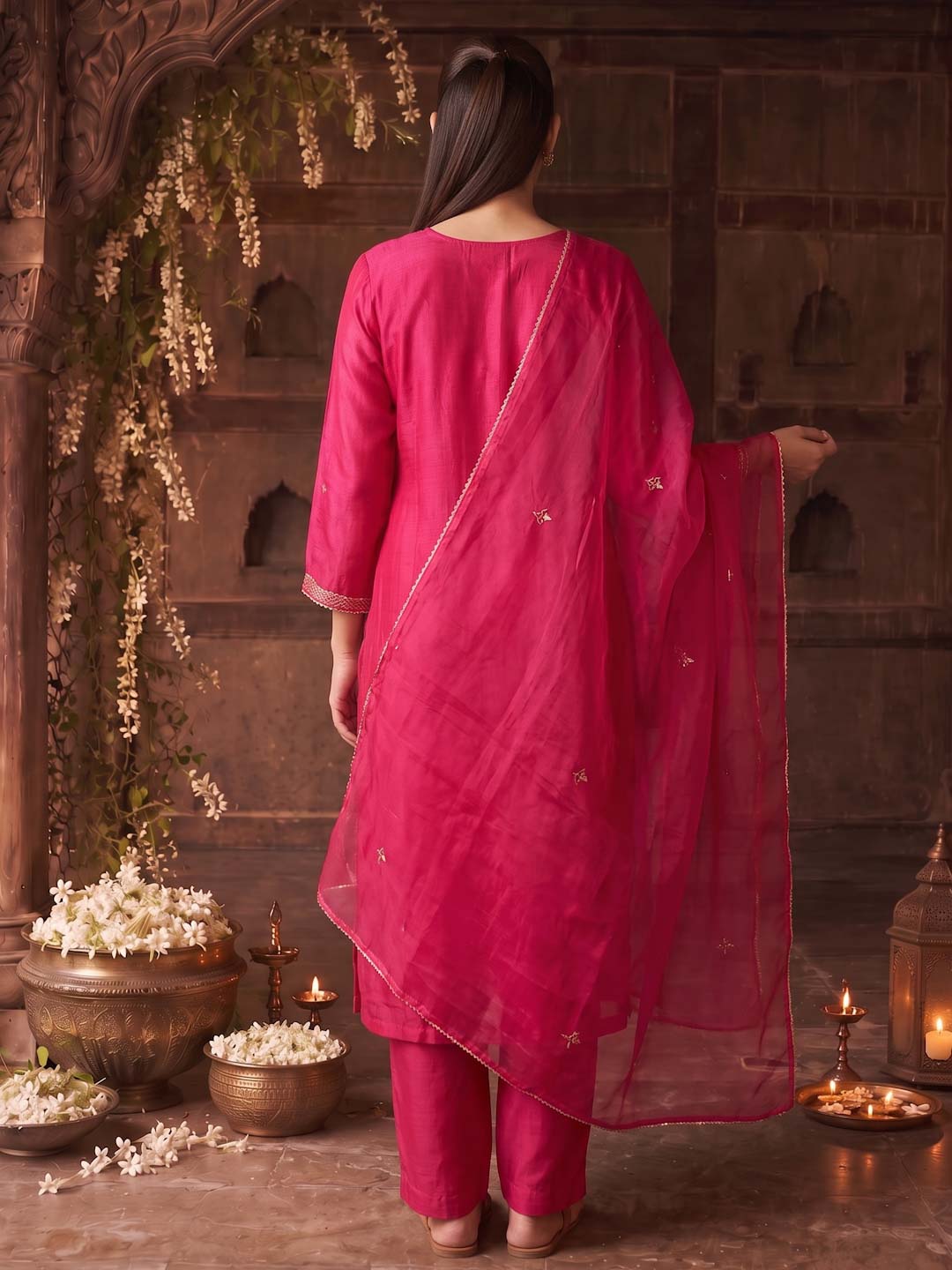 MAGENTA HANDWORK SUIT SET WITH ORGANZA DUPATTA