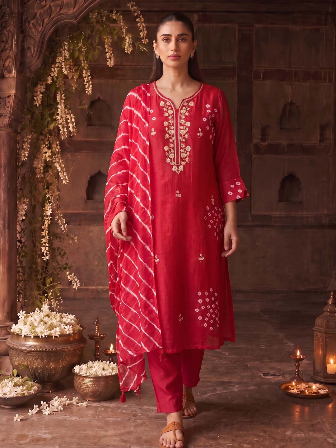 RED HANDWORK BANDHEJ SUIT SET