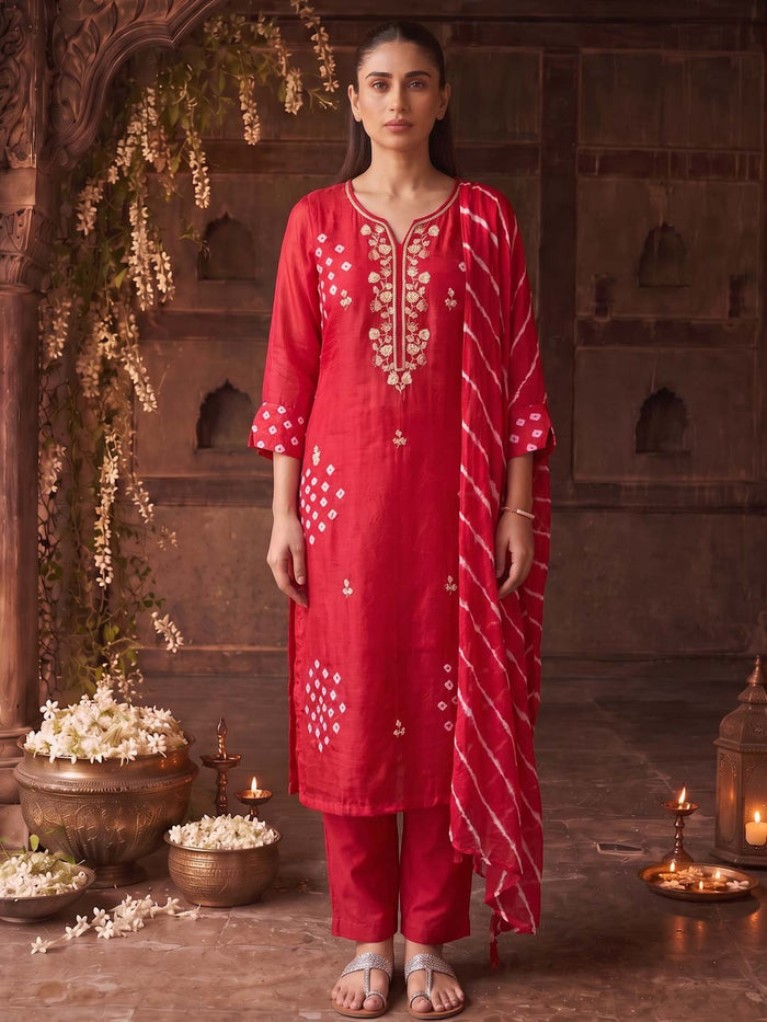RED HANDWORK BANDHEJ SUIT SET