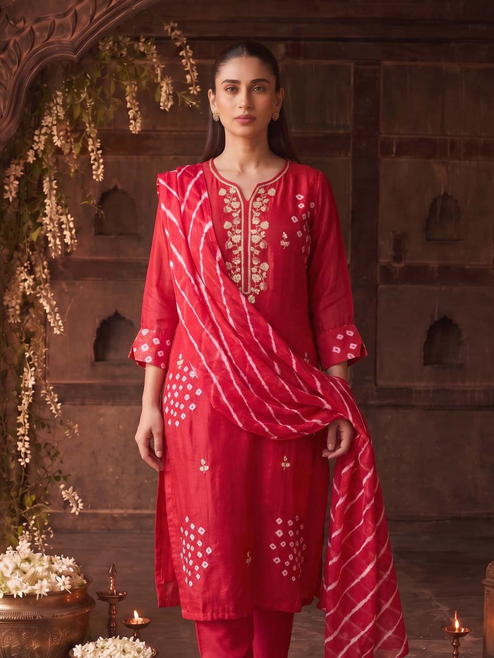 RED HANDWORK BANDHEJ SUIT SET