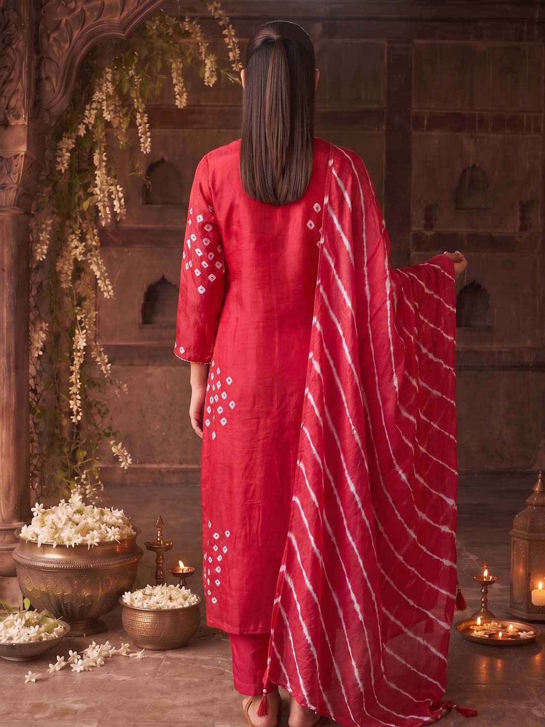 RED HANDWORK BANDHEJ SUIT SET