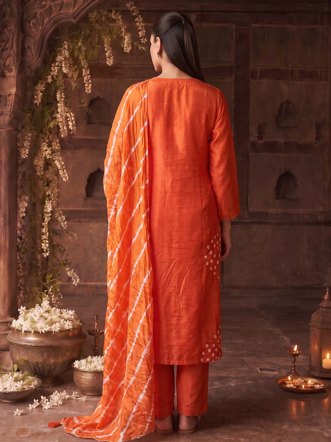 ORANGE HANDWORK AND BANDHEJ WORK SUIT SET