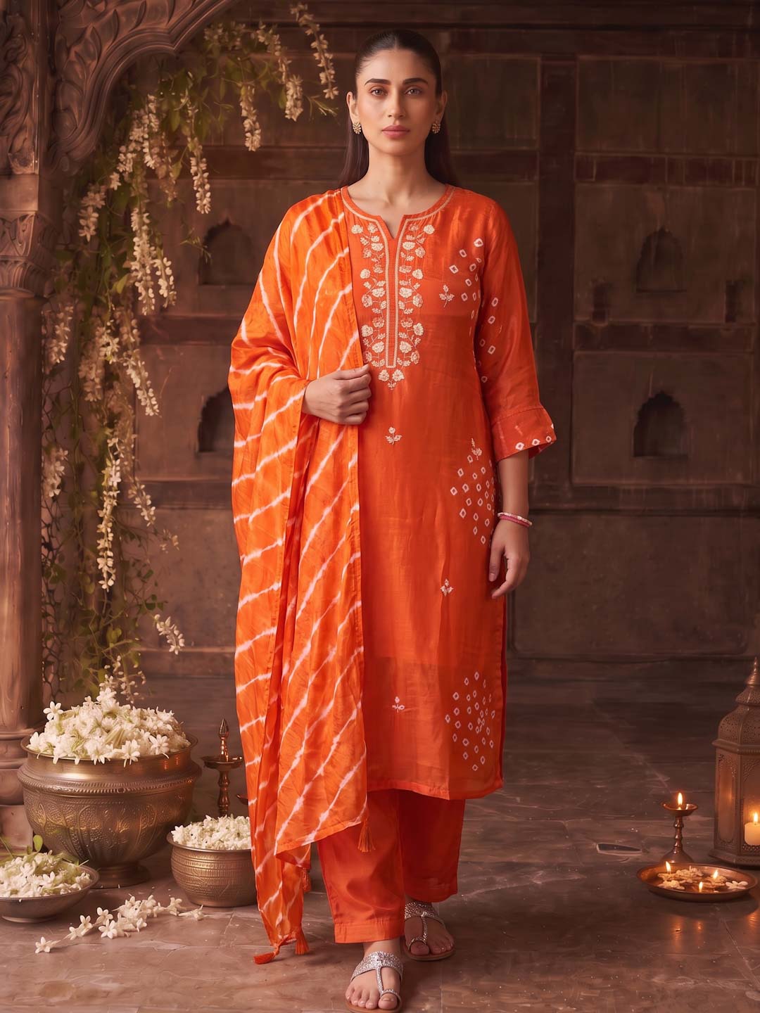 ORANGE HANDWORK AND BANDHEJ WORK SUIT SET