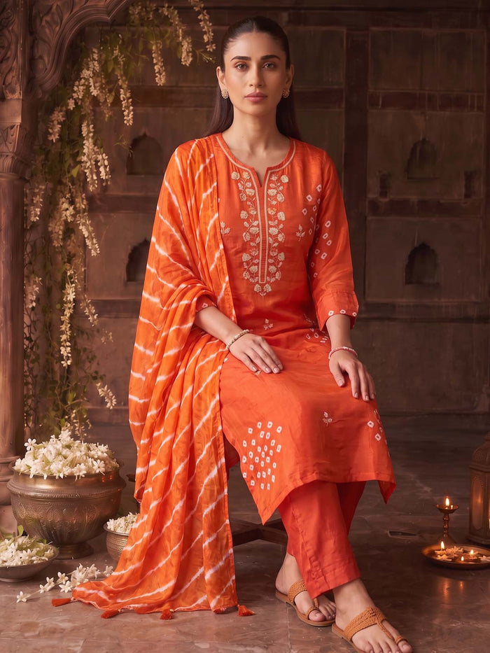 ORANGE HANDWORK AND BANDHEJ WORK SUIT SET