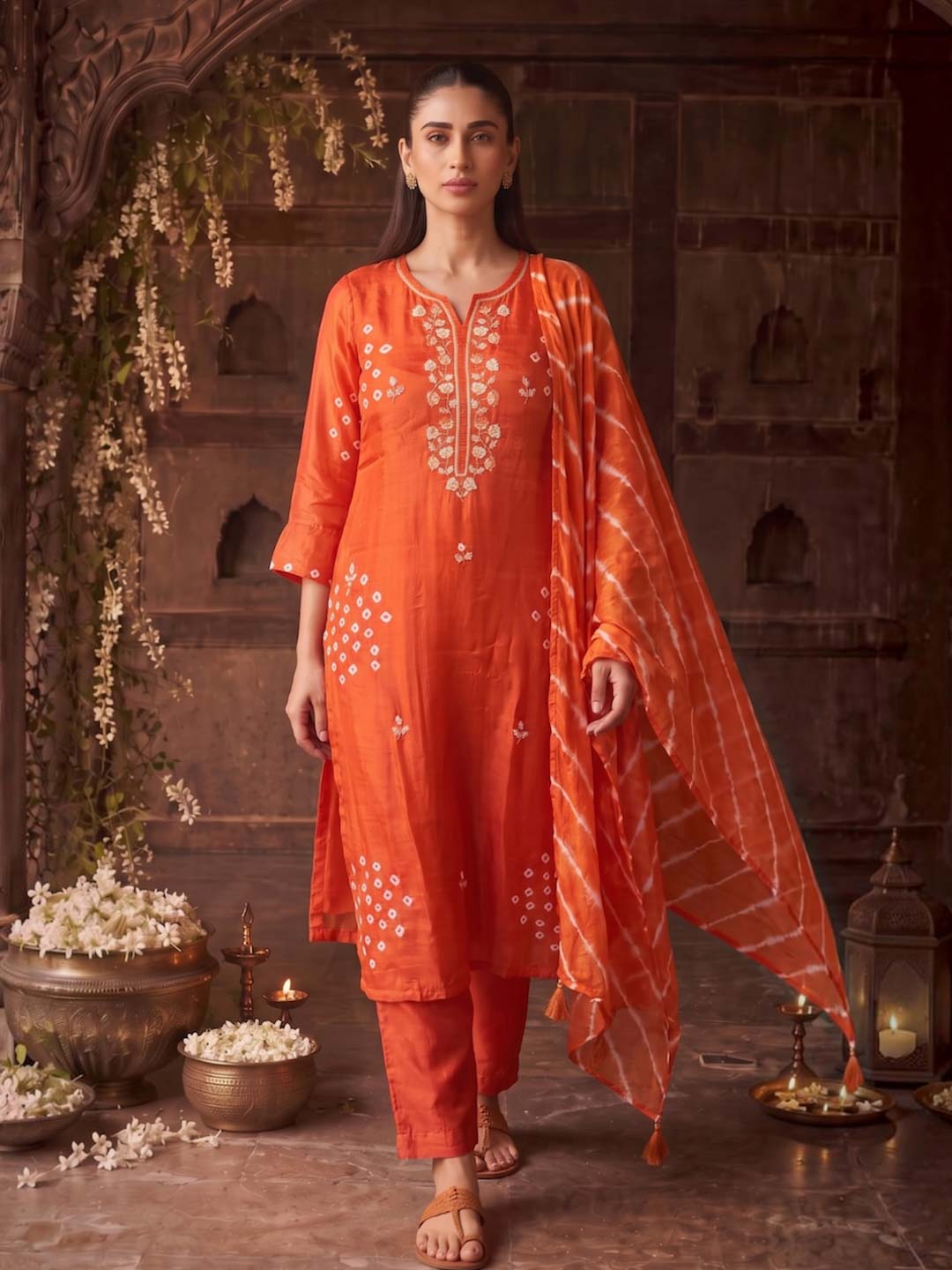 ORANGE HANDWORK AND BANDHEJ WORK SUIT SET
