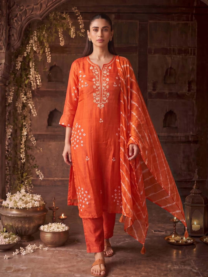 ORANGE HANDWORK AND BANDHEJ WORK SUIT SET