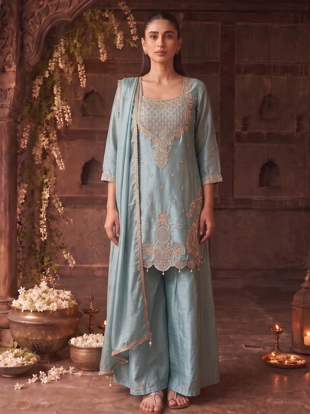 SEA BLUE CHINON PALAZZO SET WITH DUPATTA
