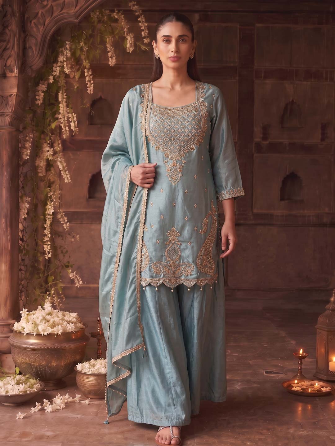 SEA BLUE CHINON PALAZZO SET WITH DUPATTA