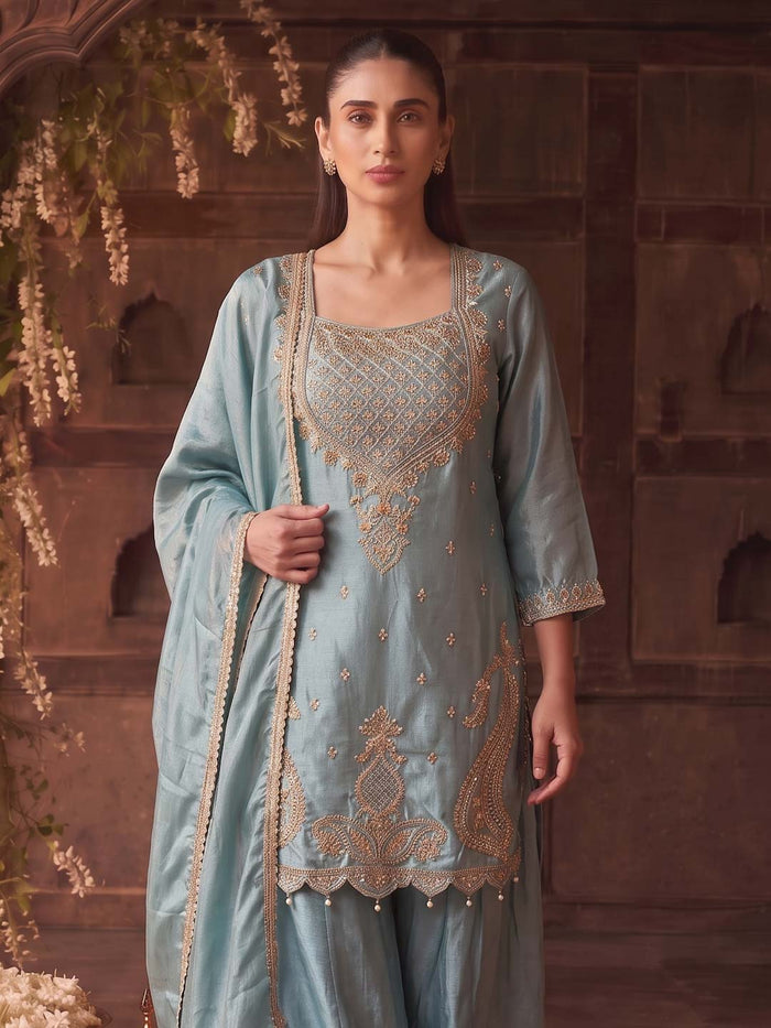 SEA BLUE CHINON PALAZZO SET WITH DUPATTA