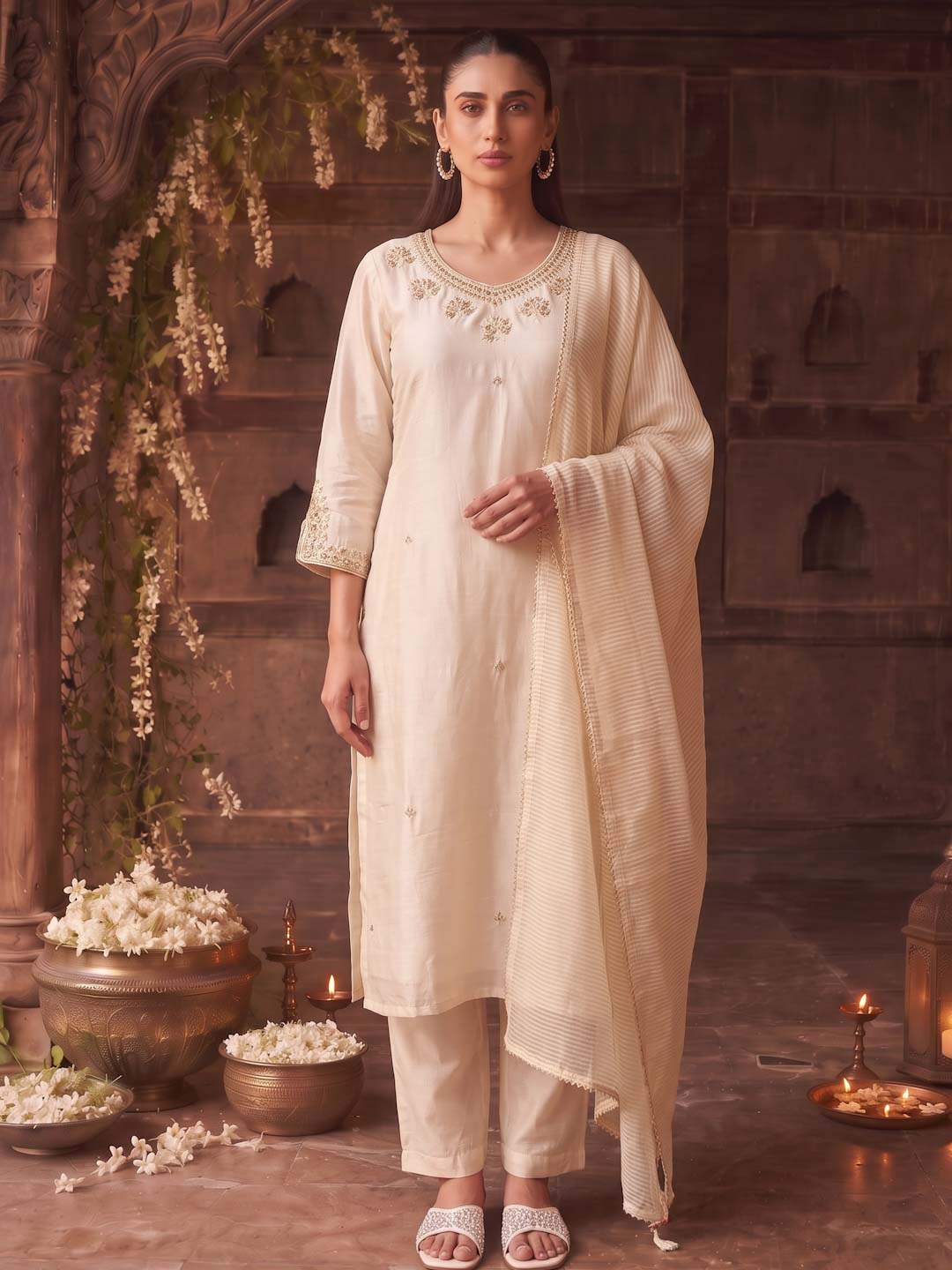 CREAM HANDWORK SUIT SET WITH STRIPED DUPATTA