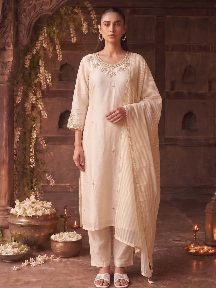 CREAM HANDWORK SUIT SET WITH STRIPED DUPATTA