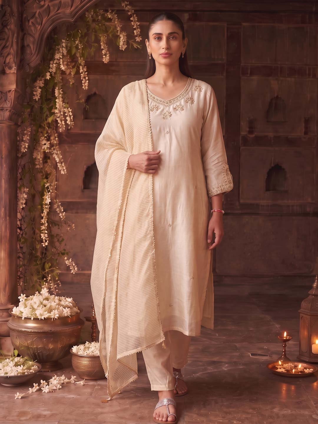 CREAM HANDWORK SUIT SET WITH STRIPED DUPATTA
