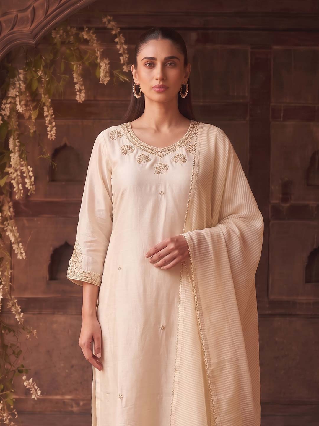 CREAM HANDWORK SUIT SET WITH STRIPED DUPATTA