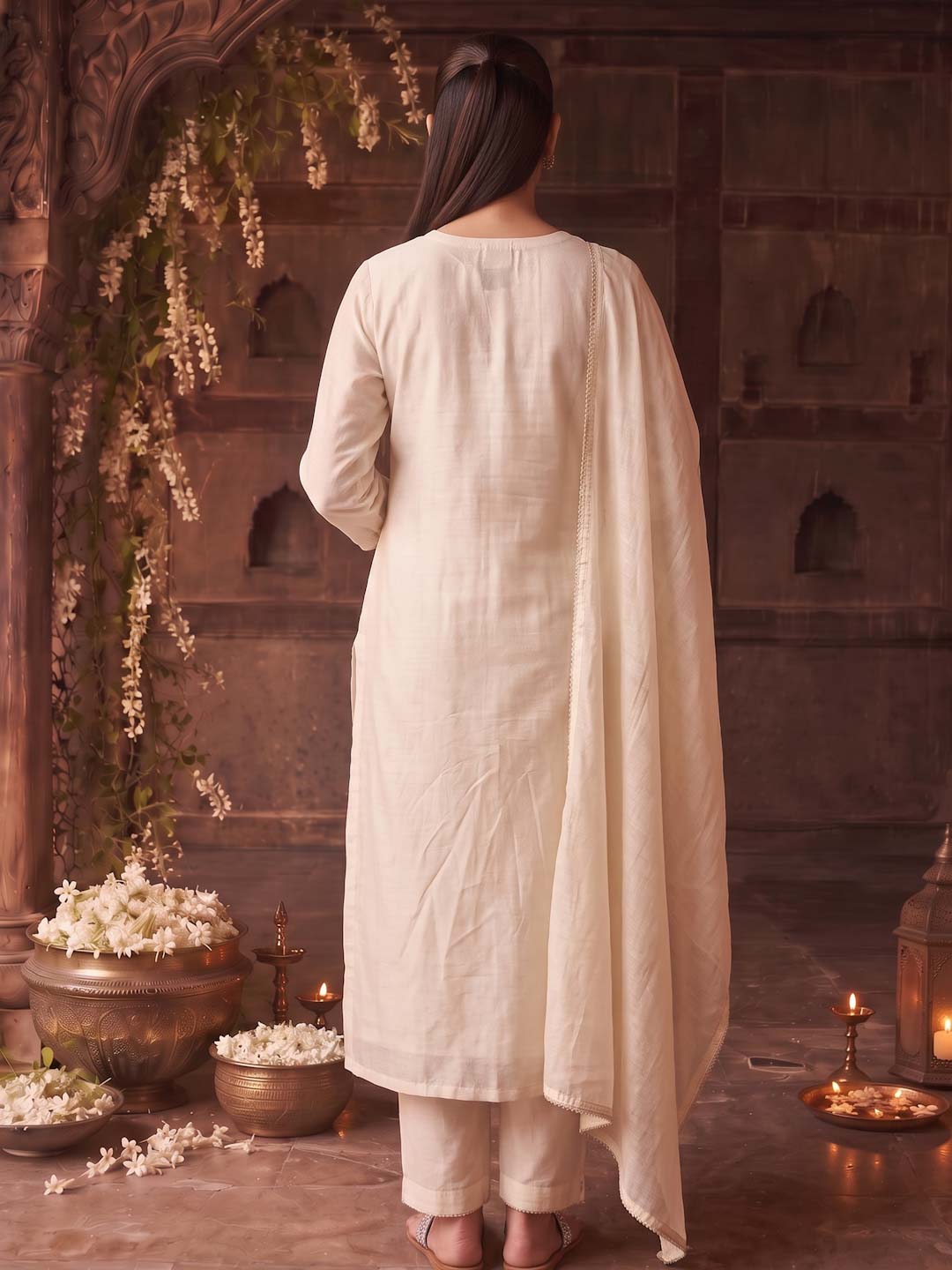 CREAM HANDWORK SUIT SET WITH STRIPED DUPATTA