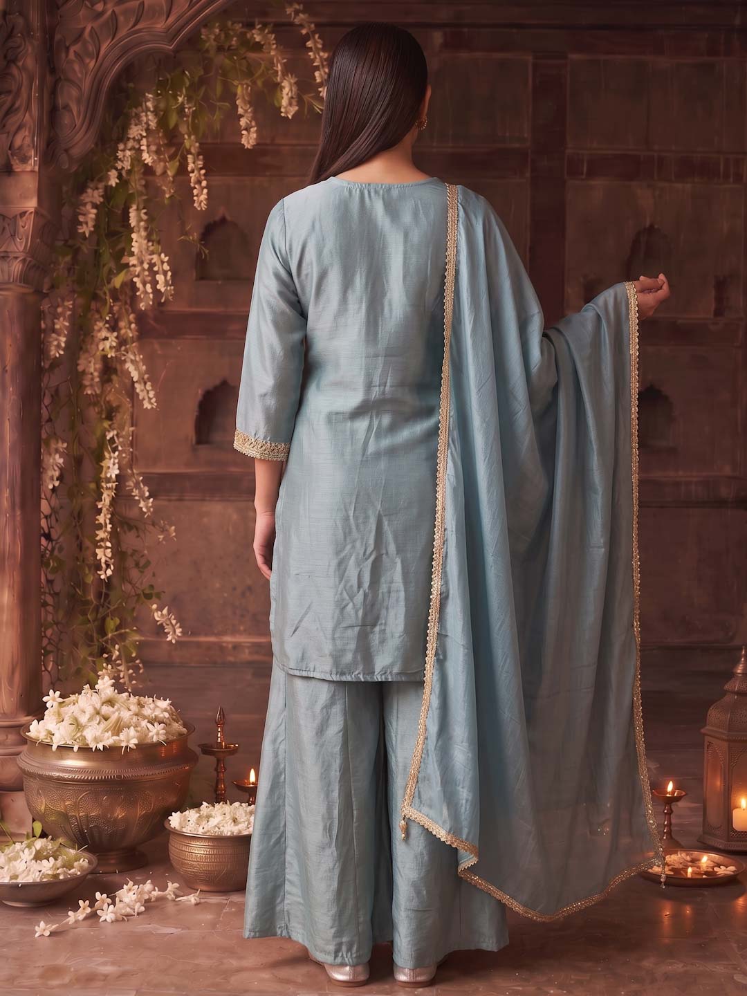SEA BLUE CHINON PALAZZO SET WITH DUPATTA