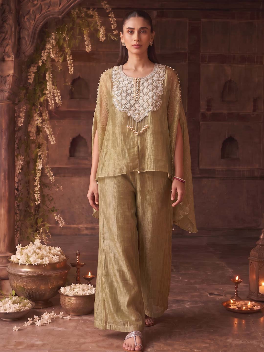LIGHT GREEN TISSUE CO-ORD SET WITH PEARL AND EMBROIDERY