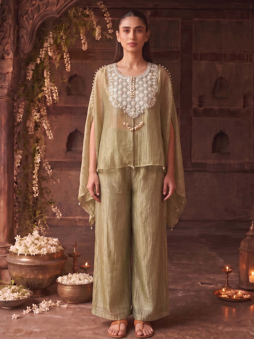 LIGHT GREEN TISSUE CO-ORD SET WITH PEARL AND EMBROIDERY